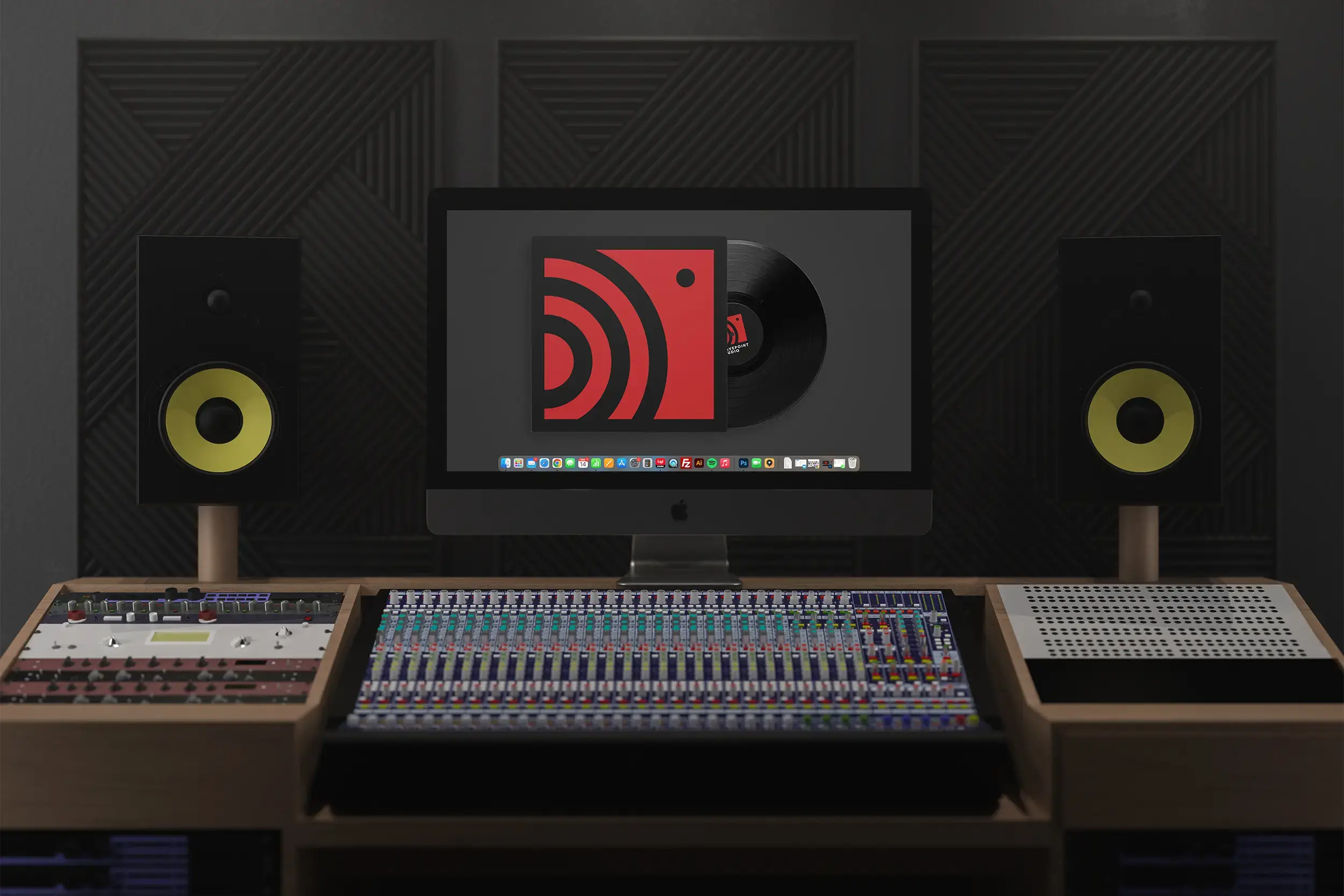 Lydstudie med mixer og monitors