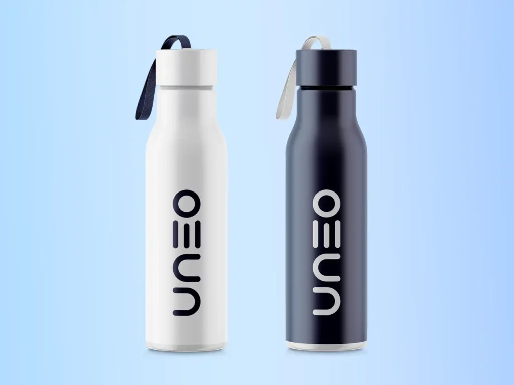 UNEO logo design lavet på to drikkedunke